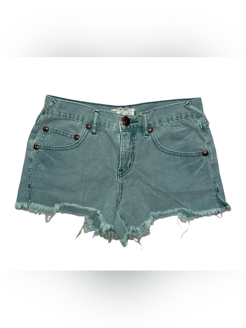 Free People Teal Green Blue Frayed Hem Denim Shorts